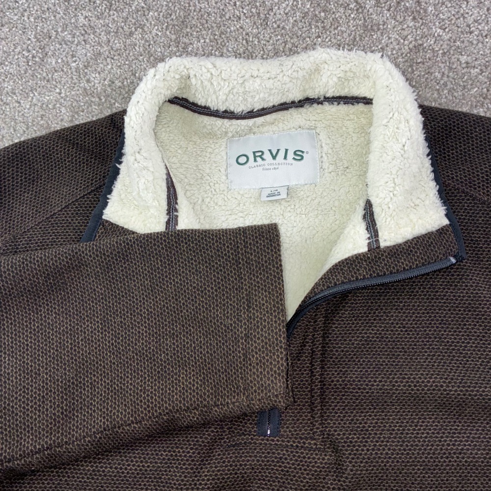Orvis Mens L Quarter‎ Zip Fleece Lined Pullover Sweater Brown Textured Cozy